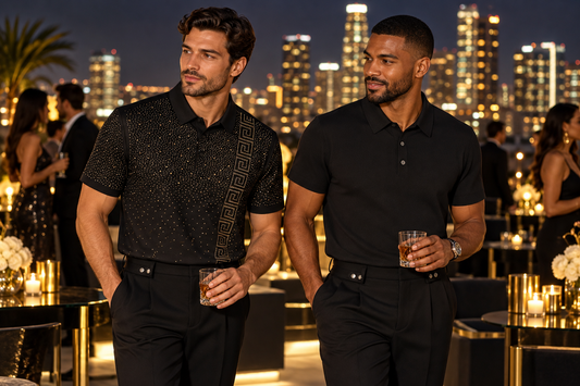 Men in a crystal polo and a zip performance polo at a Los Angeles rooftop event