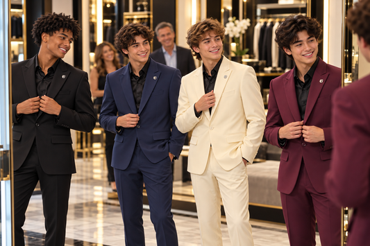 Young men trying on black, navy, ivory and burgundy prom suits in a boutique