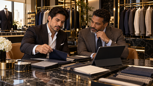 Boutique owner and sales rep reviewing fabric swatches in a menswear showroom