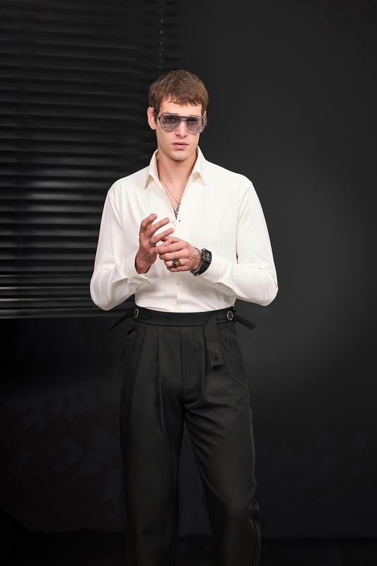 Noir Essence Long Sleeve Shirt + Wellington Side-Tab Trousers SET - WHITE/BLACK