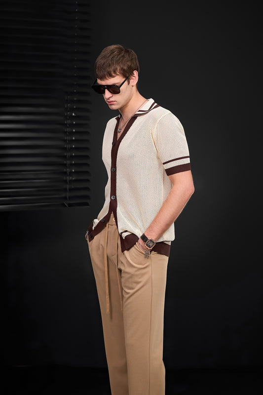 Contrast Trim Mesh Button-Up + Solace Pleated Trousers SET - IVORY/BROWN