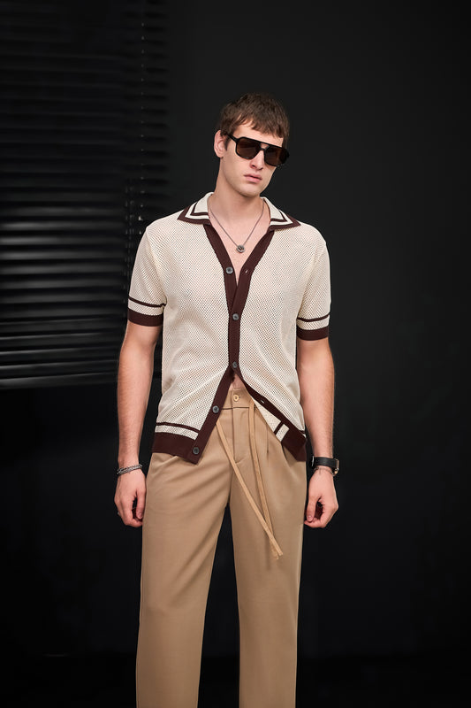 Contrast Trim Mesh Button-Up-IVORY