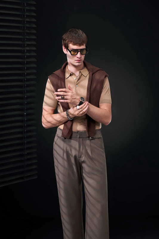 Everyday Luxe Polo + Kingsley Side-Tab Trousers SET - KHAKI/BROWN