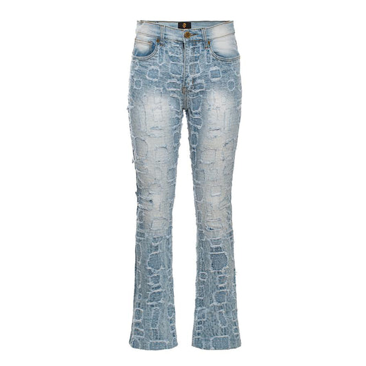 Patchwork Distressed Denim Jeans LIGHT BLUE