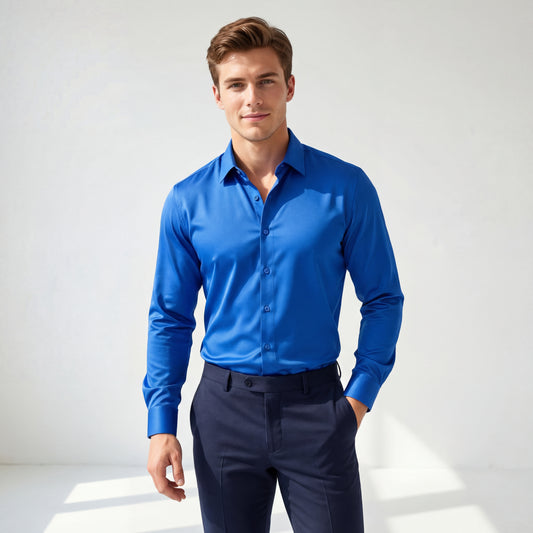 Camisa de manga larga sin costuras de satén Signature - Azul francés