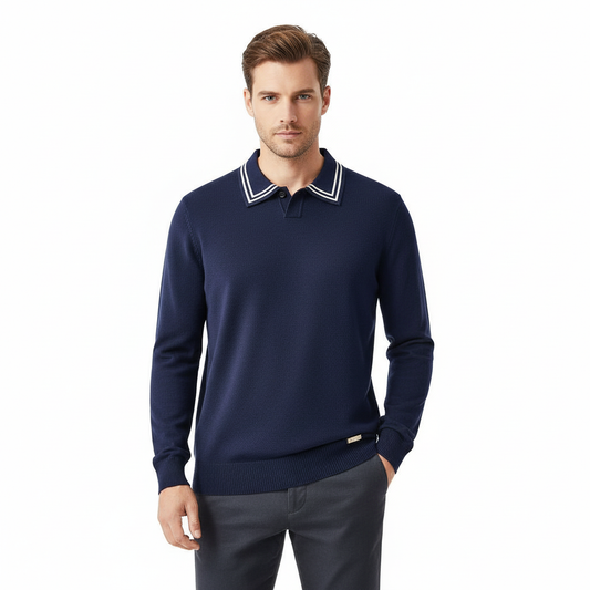 Monarch Tipped Collar Knit Polo LS-NAVY