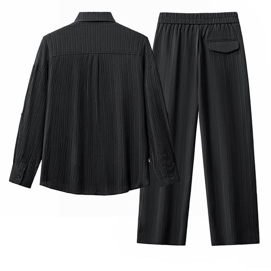 Crinkle Texture Shirt & Pant Set-BLACK