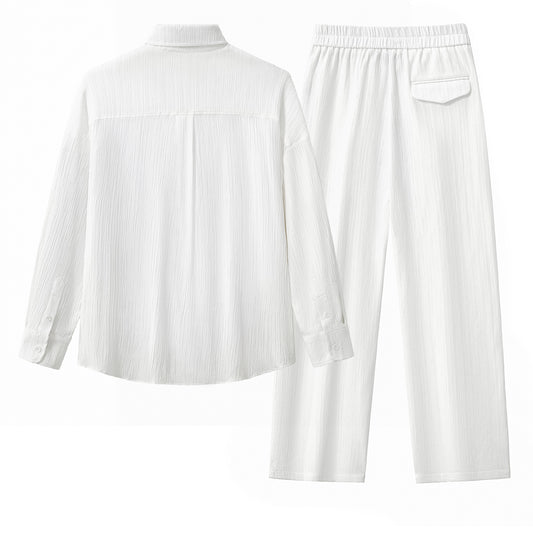 Crinkle Texture Shirt & Pant Set-WHITE