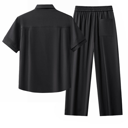 Flow Set – Textured Short Sleeve Shirt & Pant-BLACK