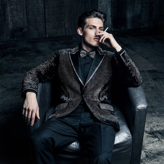 Regal Cascades Embellished Velvet Blazer-BLACK/SILVER