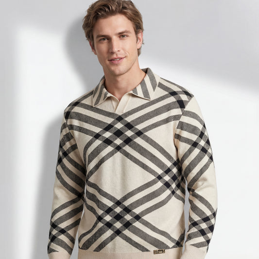 Paramount Lattice Knit Polo LS-IVORY