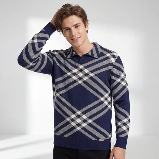 Paramount Lattice Knit Polo LS-NAVY