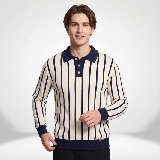 Imperial Stripe Knit Polo LS-IVORY