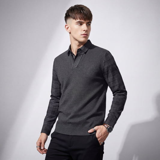 Dual-Layer Knit Fusion LS Sweater Shirt-GREY