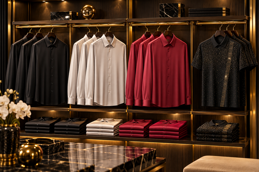 Boutique wall of men's dress shirts in black, white and navy with gold and silver accents