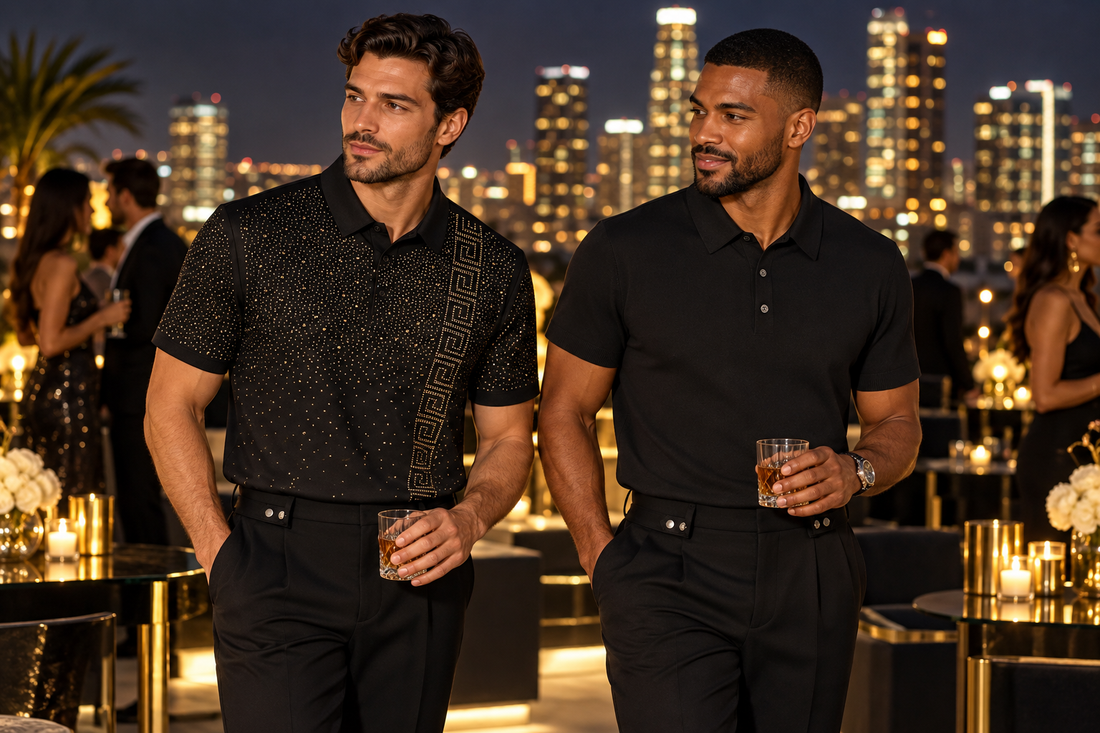 Men in a crystal polo and a zip performance polo at a Los Angeles rooftop event
