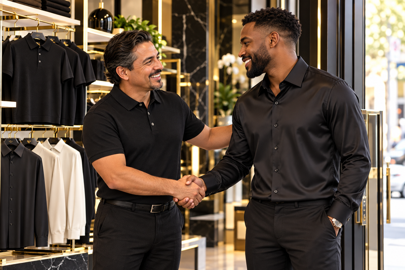 Boutique owner welcoming a returning customer into a men's store