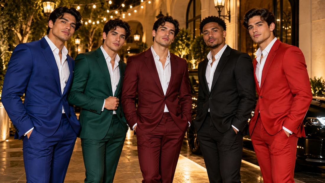 Young men in bold-color prom suits