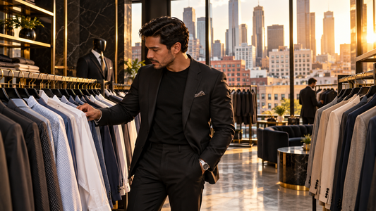Boutique owner browsing men's shirts and suits in a Los Angeles wholesale showroom