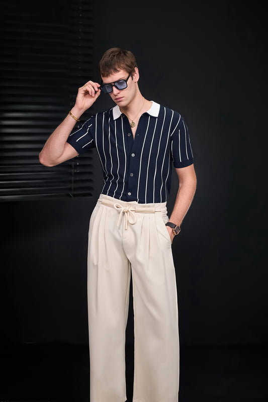 ModStripe Knit Shirt + Belmont Pleated Trousers - NAVY/WHITE/TAUPE