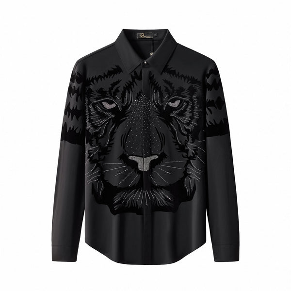 B316-Tigers Wrath Rhinestn Btn LS Shirt-BLACK/SILVER
