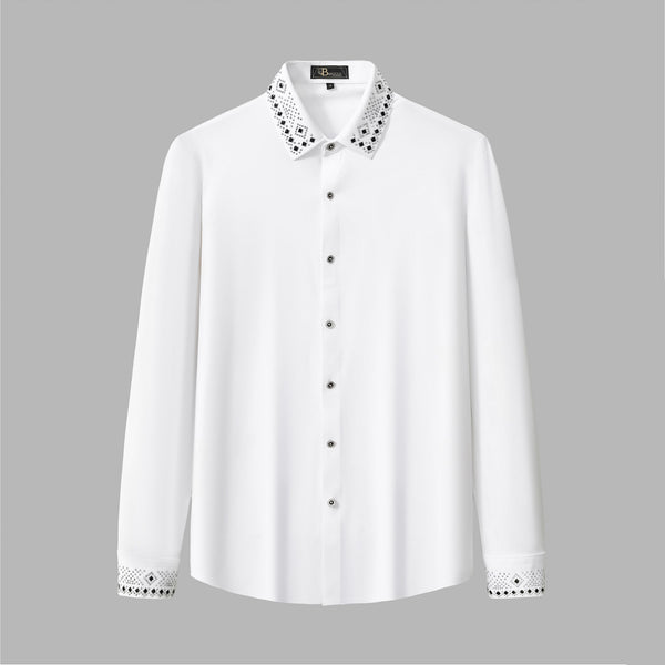 B379-Crystal Geo Trim Shirt-WHITE/SILVER