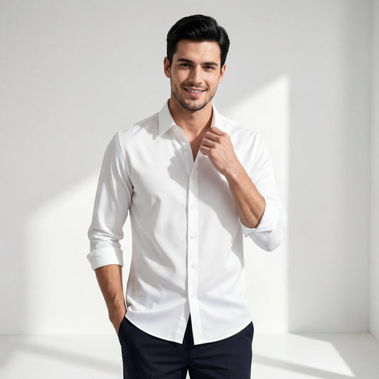 SIGNITURE SATIN STITCHLESS LS Shirt-WHITE