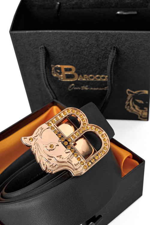BLT021 - Smooth Leather Auto Buckle Belt – Gold Edition-GOLD/BLACK – view 1