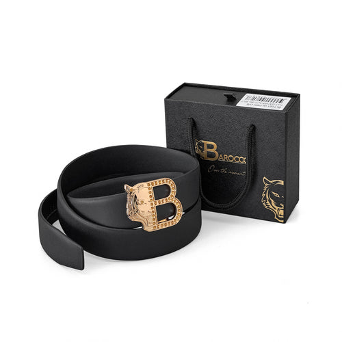 BLT021 - Smooth Leather Auto Buckle Belt – Gold Edition-GOLD/BLACK – view 5