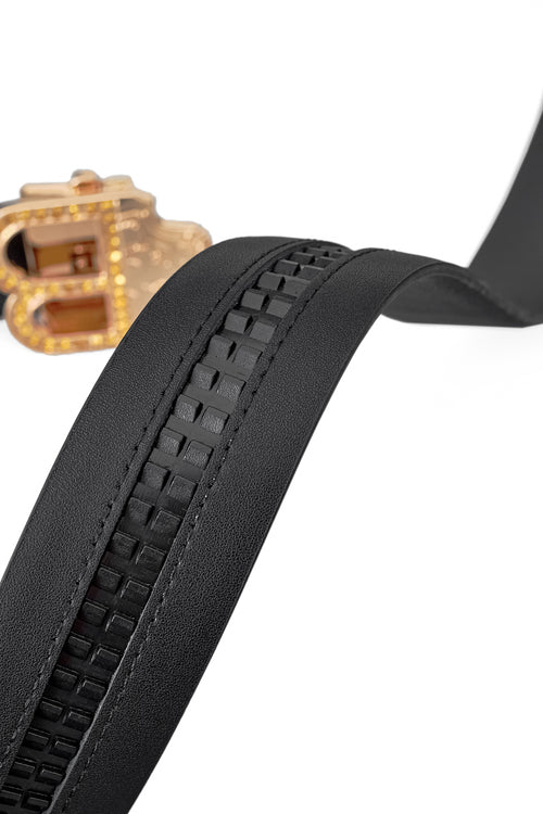 BLT021 - Smooth Leather Auto Buckle Belt – Gold Edition-GOLD/BLACK – view 6