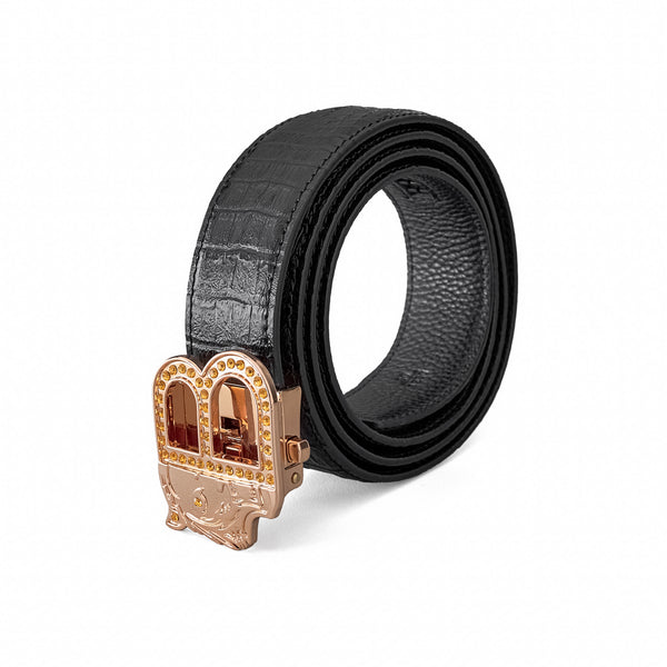 BLT023 - Croc-Embossed Leather Auto BKL Belt – Gold Edition-GOLD/BLACK