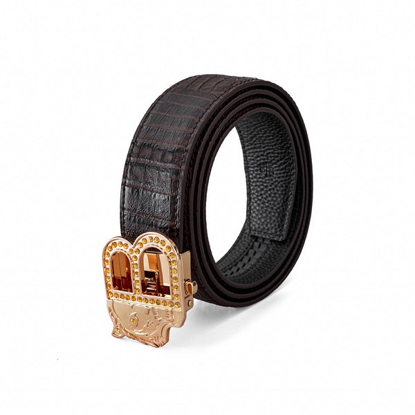 BLT024 - Croc-Embossed Leather Auto BKL Belt – Gold Edition-GOLD/COFFEE