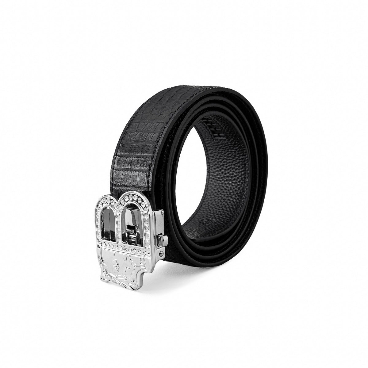 Cinturón Auto BKL de piel con efecto cocodrilo – Edición plateada - PLATA/NEGRO – BAROCCO wholesale menswear