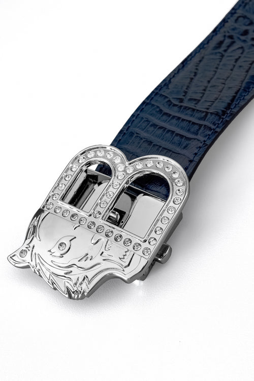 Cinturón Auto BKL de piel con efecto cocodrilo – Edición plateada - PLATA/AZUL MARINO – view 2