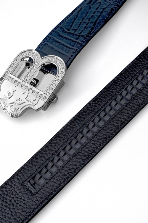 Cinturón Auto BKL de piel con efecto cocodrilo – Edición plateada - PLATA/AZUL MARINO – view 6