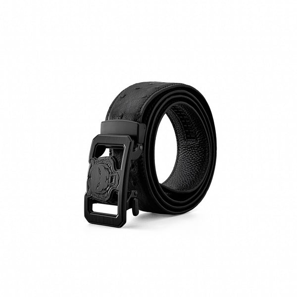 BLT035 - Ostrich-Emb. Leather Lion Auto BKL Belt – Blackout-BLACK/BLACK