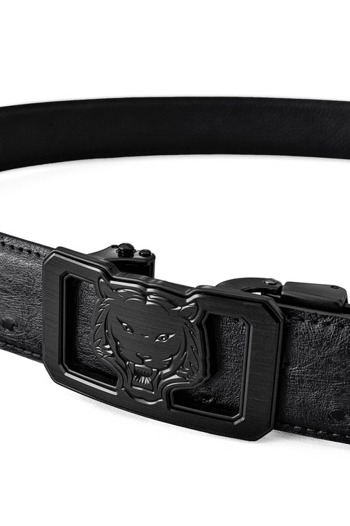 BLT035 - Ostrich-Emb. Leather Lion Auto BKL Belt – Blackout-BLACK/BLACK – view 1