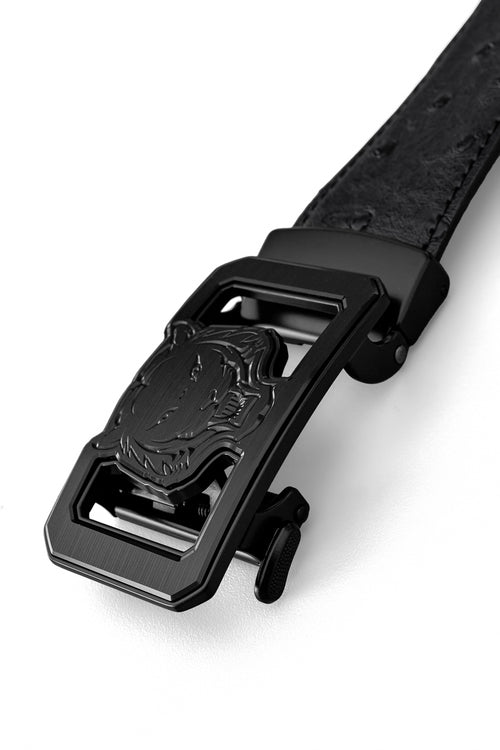 BLT035 - Ostrich-Emb. Leather Lion Auto BKL Belt – Blackout-BLACK/BLACK – view 2