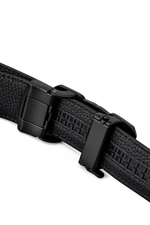 BLT035 - Ostrich-Emb. Leather Lion Auto BKL Belt – Blackout-BLACK/BLACK – view 4