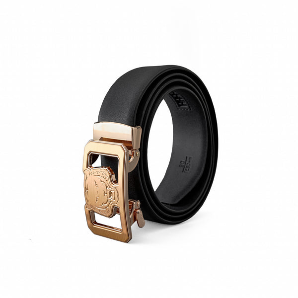 BLT036 - Flat Leather Lion Auto BKL Belt – Gold Ed.-GOLD/BLACK