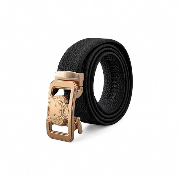 BLT037 - Pebbled Leather Lion Auto BKL Belt – Gold Ed.-GOLD/BLACK