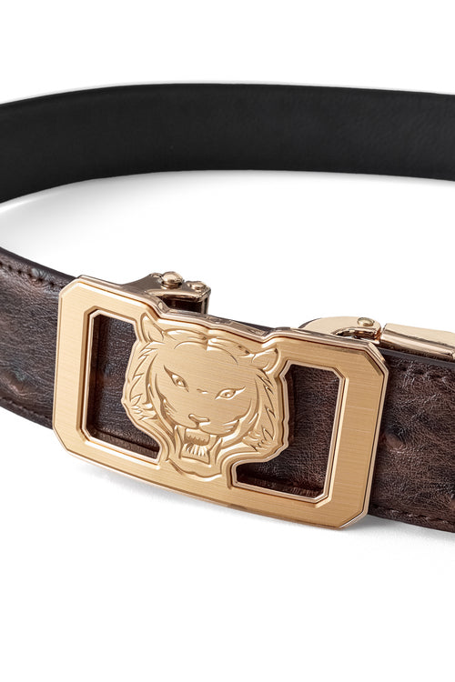 BLT039 - Ostrich-Emb. Leather Lion Auto BKL Belt – Gold Ed.-GOLD/COFFEE – view 1
