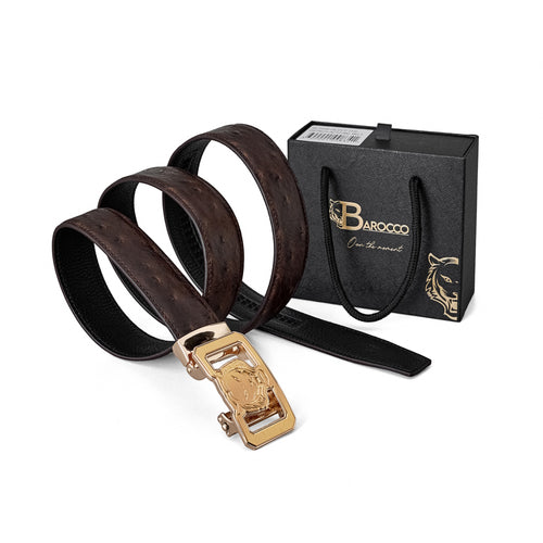 BLT039 - Ostrich-Emb. Leather Lion Auto BKL Belt – Gold Ed.-GOLD/COFFEE – view 6