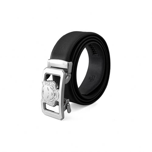 BLT040 - Flat Leather Lion Auto BKL Belt – Silver Ed.-SILVER/BLACK
