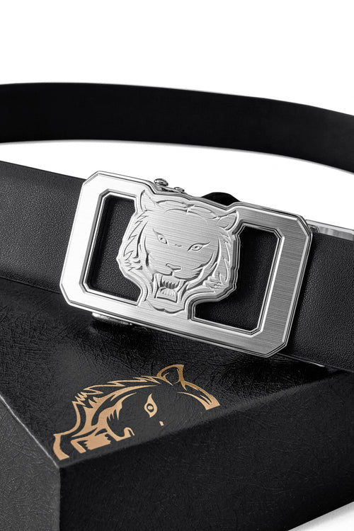 Cinturón plano de cuero Lion Auto BKL – Edición plateada - PLATA/NEGRO – view 1
