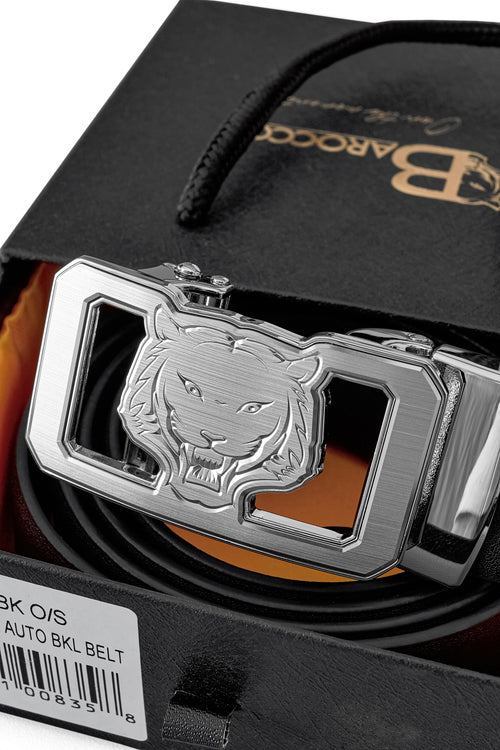 Cinturón plano de cuero Lion Auto BKL – Edición plateada - PLATA/NEGRO – view 5