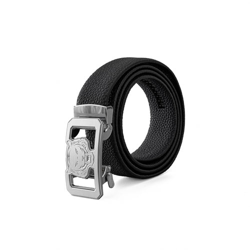 BLT041 - Pebbled Leather Lion Auto BKL Belt – Silver Ed.-SILVER/BLACK