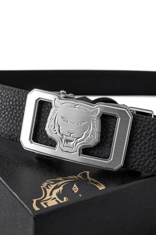 Cinturón Lion Auto BKL de piel granulada – Edición plateada - PLATA/NEGRO – view 1