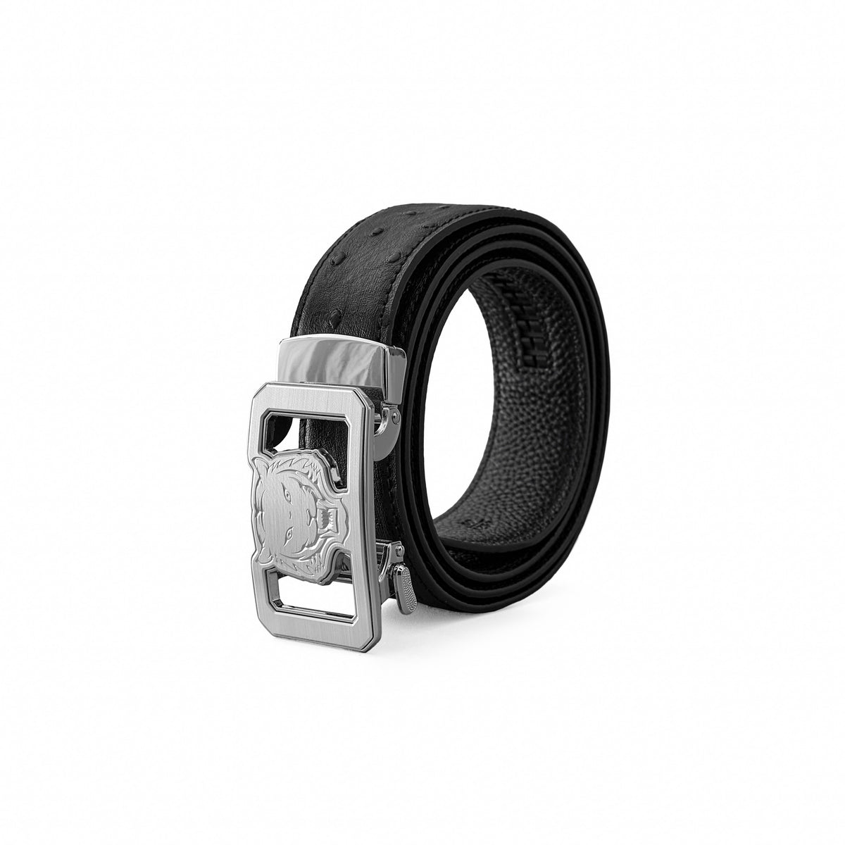 BLT042 - Ostrich Leather Lion Auto BKL Belt – Silver Ed.-SILVER/BLACK – BAROCCO wholesale belts