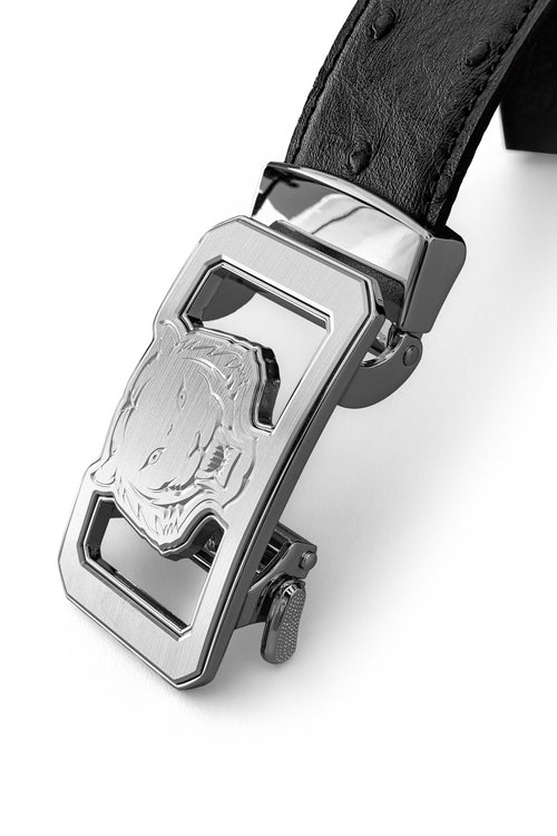 BLT042 - Ostrich Leather Lion Auto BKL Belt – Silver Ed.-SILVER/BLACK – view 2
